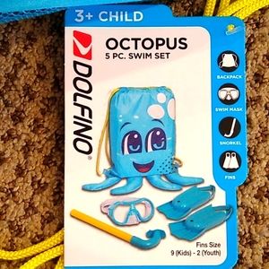 NWT Swim set 5 Pieces Blue Octopus String Backpack by Dolfino Fins Mask Snorkel